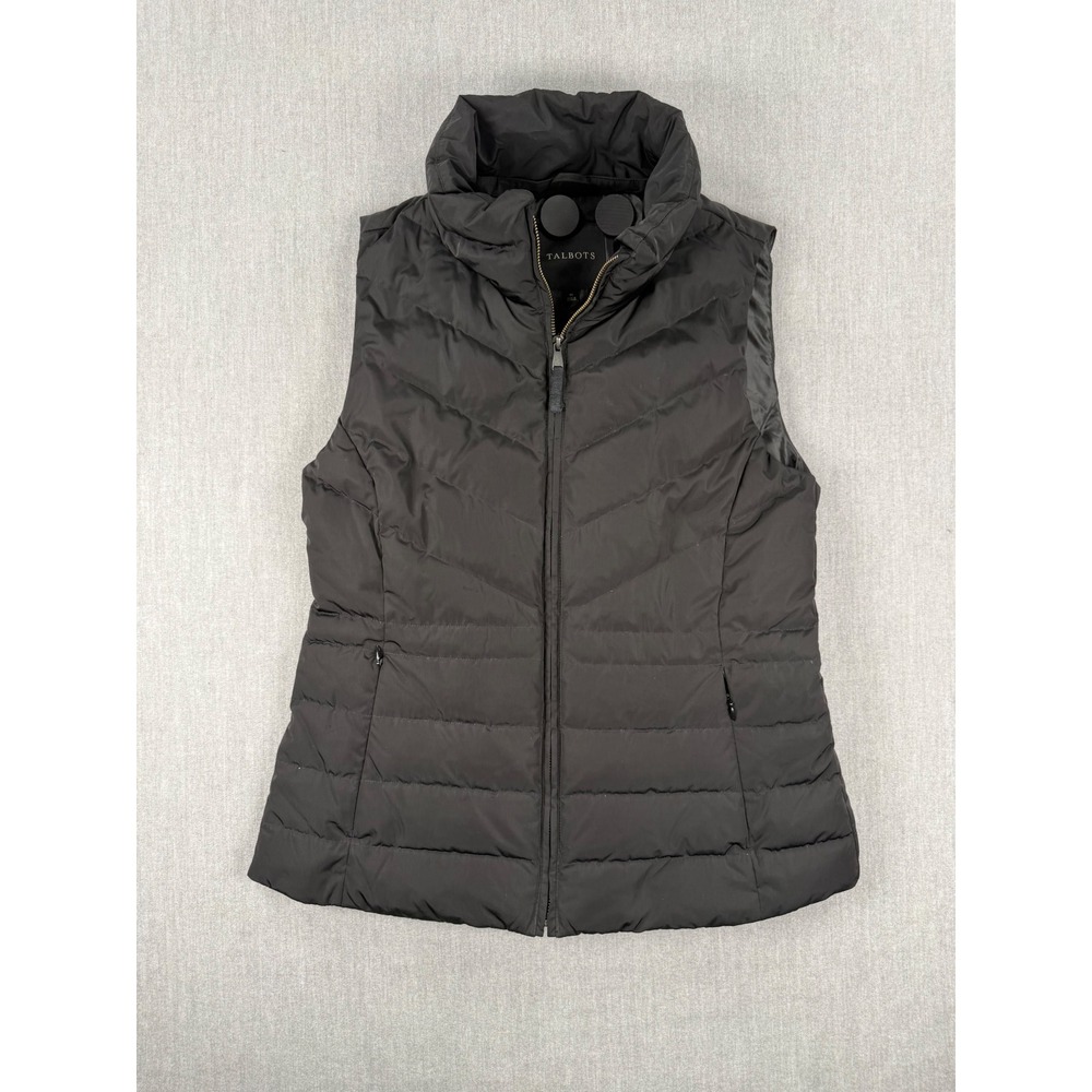 Talbots Womens Black Chevron Quilted Puffer Vest Full Zip Mock Neck Size M